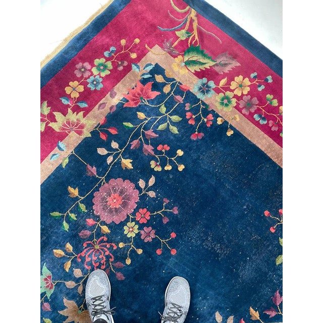 Antique Art Deco Asian Botanical Garden Magenta Rug 9.2 x 11.8 For Sale - Image 11 of 15