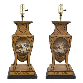 Pair of Vintage Tole Neoclassical Style Hand-Painted Table Lamps For Sale