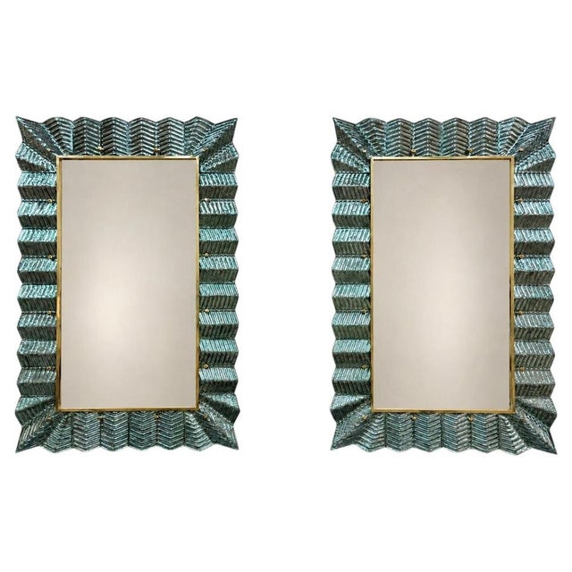 Blue Sculptural Turquoise Murano Glass and Brass Mirrors, 2000s, Set of 2 For Sale - Image 8 of 8