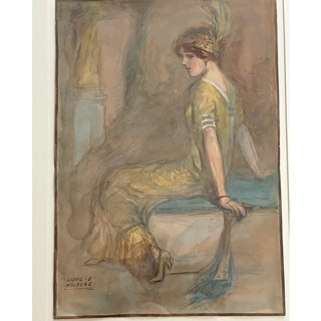 Ludwig O.Holberg Art Deco Lady Watercolor For Sale - Image 4 of 10