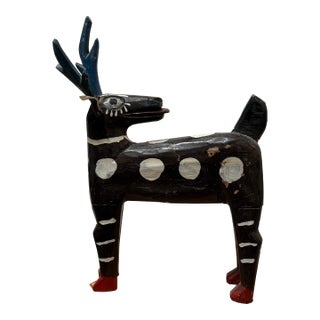 Folk Art Hand Carved Painted Spotted Deer With Antlers For Sale