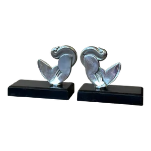 Vintage Art Deco Chrome + Iron Pigeon Motif Bookends, a Pair, Circa 1930s