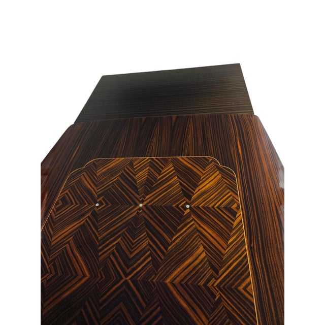 French Mid Century Macassar Ebony Parquetry Inlaid Expandable Dining Room Table W/ Leaves For Sale - Image 13 of 18