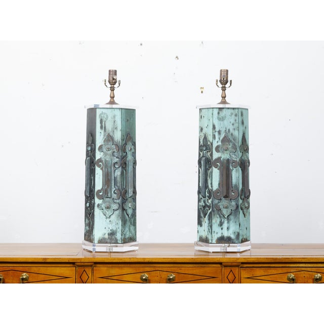 A pair of French hexagonal copper architectural elements from the 19th century with verdigris patina, made into table...
