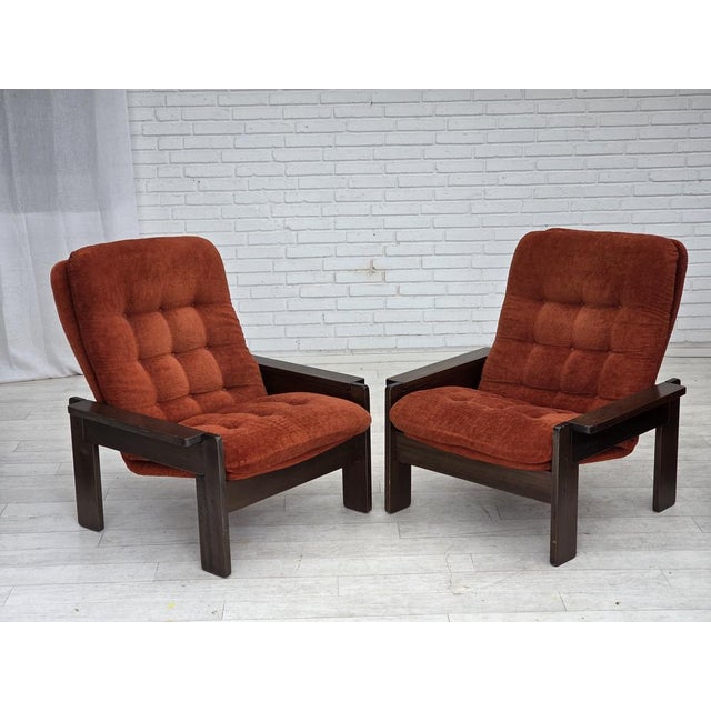 Danish Armchair in Orange-Red Velour and Dark Oak Wood, 1970s For Sale - Image 6 of 17