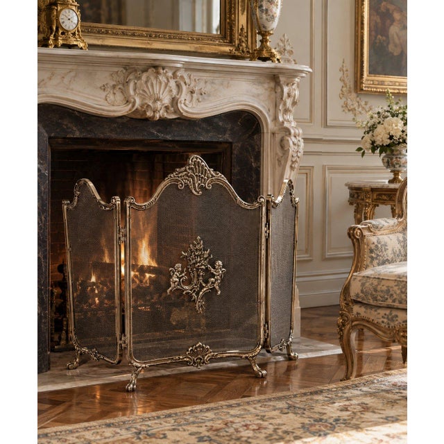 Metal Antique French Style Three Panel Silver Cherubs Decor Metal Fireplace Screen For Sale - Image 7 of 7