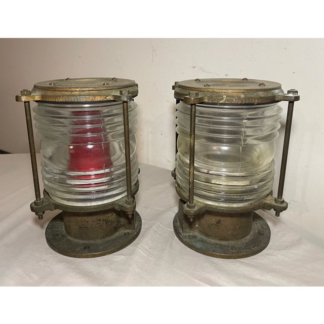 Antique Oceanic Solid Brass Glass Nautical Navigational Ship Deck Lamps - a Pair For Sale - Image 4 of 12