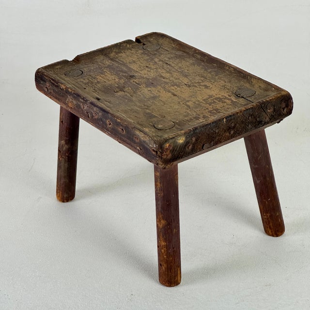 Brown Exquisite Patina on Small Primitive Antique Wood Stool/Table, Salesman Sample For Sale - Image 8 of 11