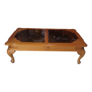 1990s Oak Coffee Table With Glass Inserts For Sale