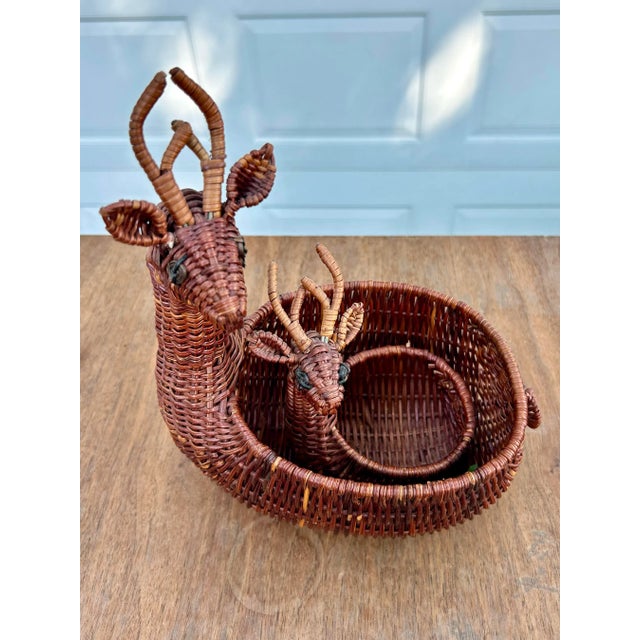 Wood Vintage Wicker Deer/Reindeer Nesting Baskets- A Pair For Sale - Image 7 of 8
