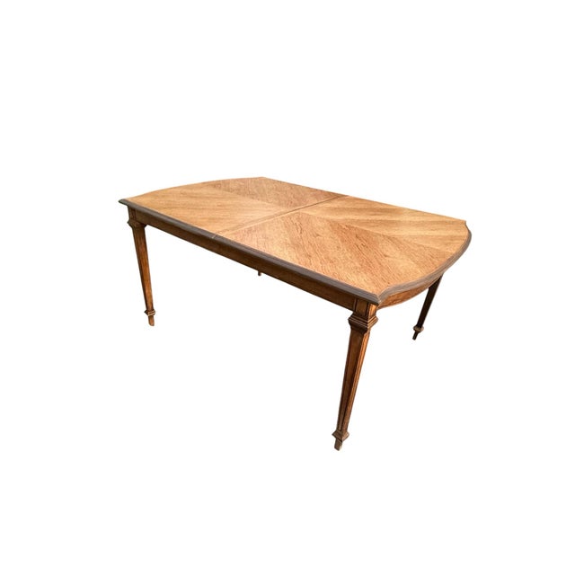 Vintage Refinished Walnut Chevron Veneer Extendable Dining Table With Two Leaves For Sale - Image 9 of 10
