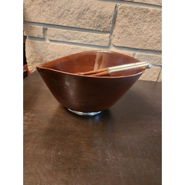 1960s 1960s Mid Century Modern Mahogany and Sterling Silver Bowl and Utensils For Sale - Image 5 of 7