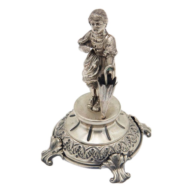 Silver Toothpick Holder with Child and Umbrella For Sale