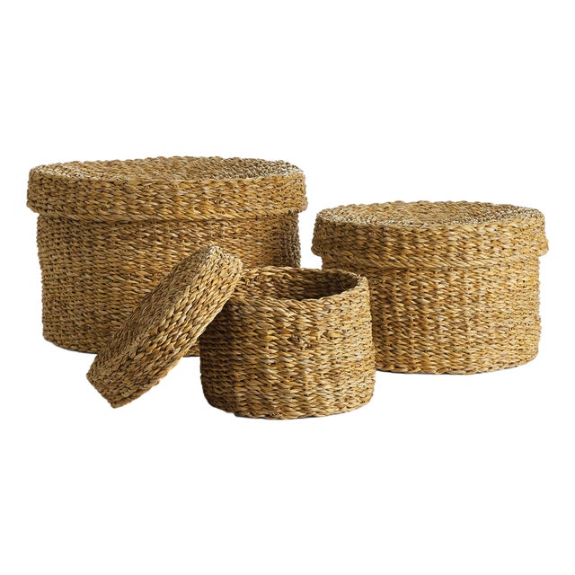 Seagrass Round Lidded Baskets, Set Of 3 For Sale