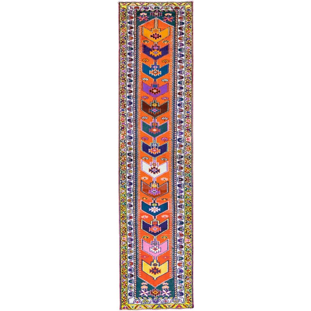 Orange Vintage Turkish Handmade Multicolor Tribal Designed Wool Runner For Sale - Image 11 of 11
