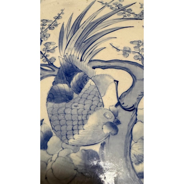 19th Century Japanese Hand-Painted Blue and White Porcelain Charger With Roosters For Sale - Image 6 of 12