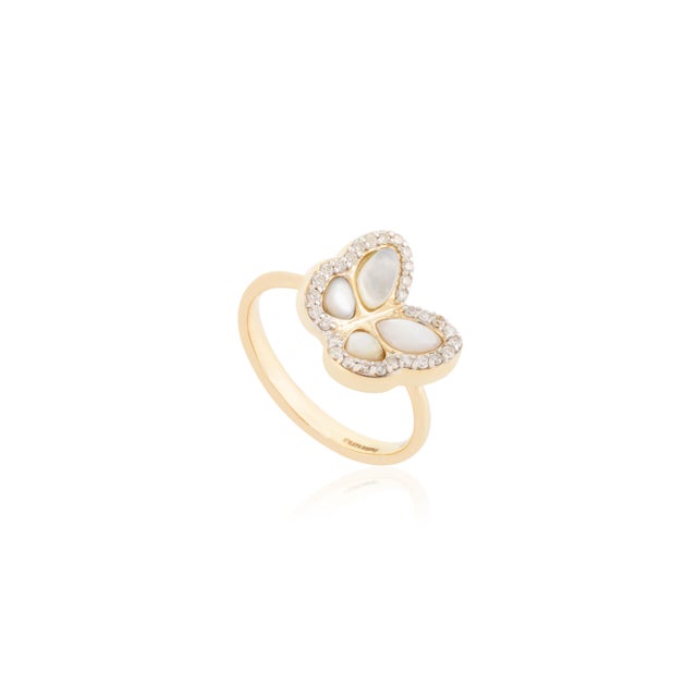 Modern Mother of Pearl Butterfly Ring With Diamonds for Her in 14k Gold Size 5 For Sale - Image 3 of 12