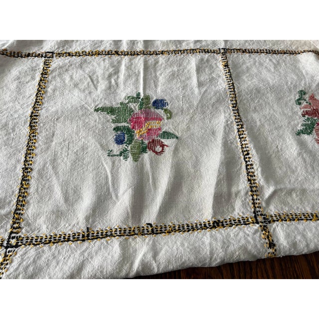 Antique Finely Hand Embroidered Flowers Linen Tablecloth For Sale In New York - Image 6 of 9