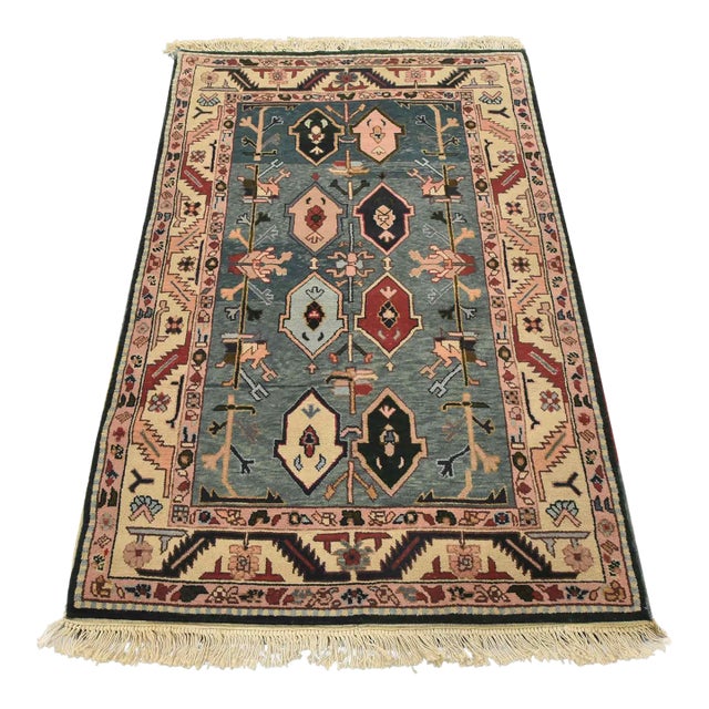 Heriz Rug 3’9” X 5’8” Blue Wool Vintage Tribal Hand-Knotted Oriental Carpet For Sale