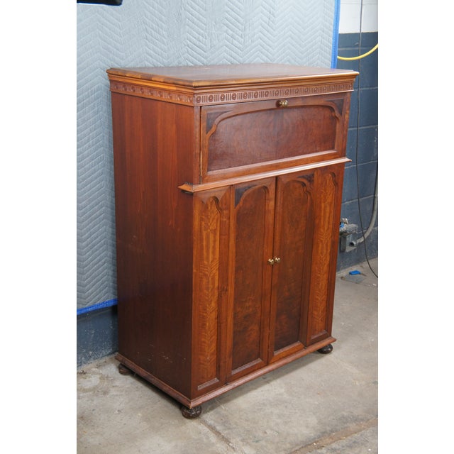 Antique Walnut Burl Drop Front Record Player Cabinet Console Stand 47" For Sale - Image 4 of 13