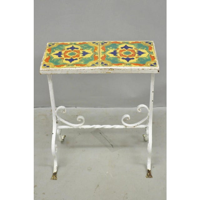 Antique Arts & Crafts Wrought Iron Side Table W/ Catalina California Tile Top For Sale - Image 10 of 15