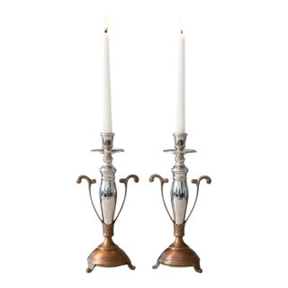 Vintage Two Tone Candlesticks-Silver Plate-Copper-Brass-Pair-Metal-Taper Holders For Sale