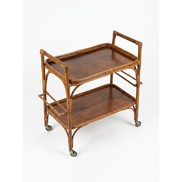 Mid-Century Modern Bamboo and Wood Serving Cart, 1960s For Sale - Image 3 of 4