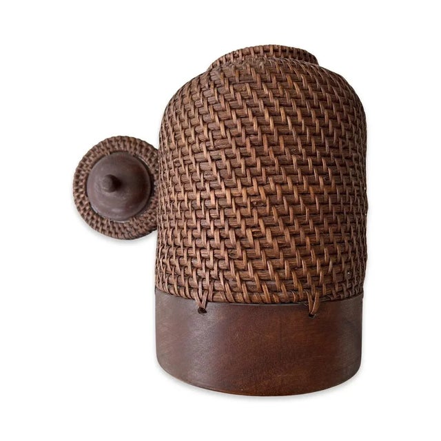 Boho Chic Large Handwoven Rattan and Wood Ginger Jar With Lid From the Philippines For Sale - Image 9 of 12