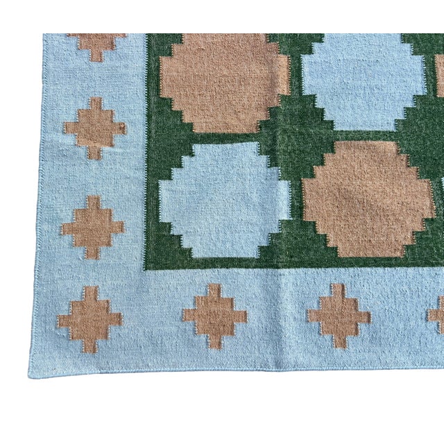 Handmade New Zealand Wool Dhurrie, Sky Blue, Beige and Green Swedish Tile Rug- 78"x88" For Sale - Image 12 of 13