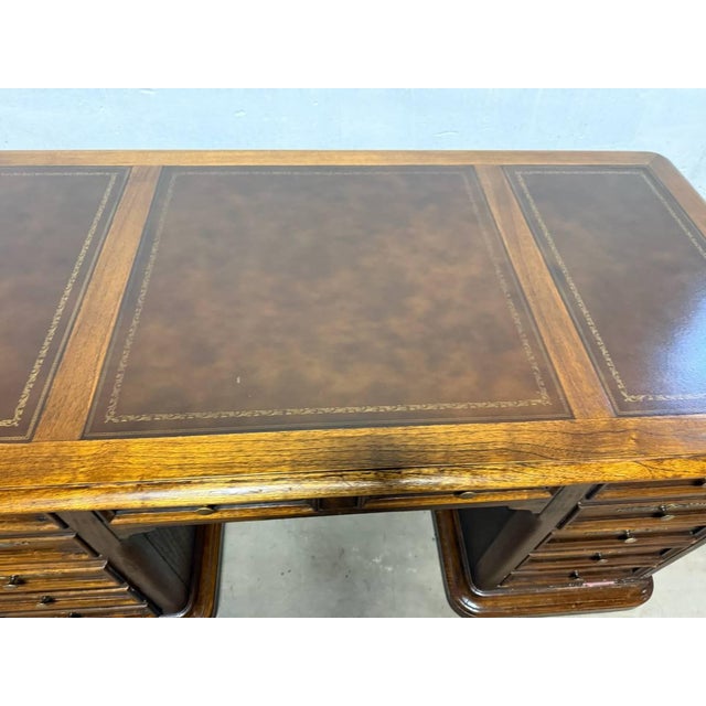 Hekman Furniture Vintage Hekman Oak Tooled Leather Top Executive Office Desk " For Sale - Image 4 of 14