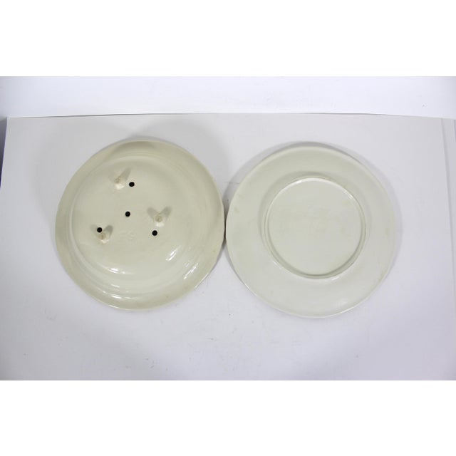 Ceramic Vintage Ceramic French Majolica Colander or Berry Bowl With Drainage Platter for Draining, Holes, Fruit Strainer Serving Pink 2 Piece Set For Sale - Image 7 of 10