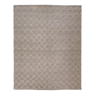 High-Low Contemporary Flaweave Kilim Wool Rug With Trellis Design in Brown For Sale