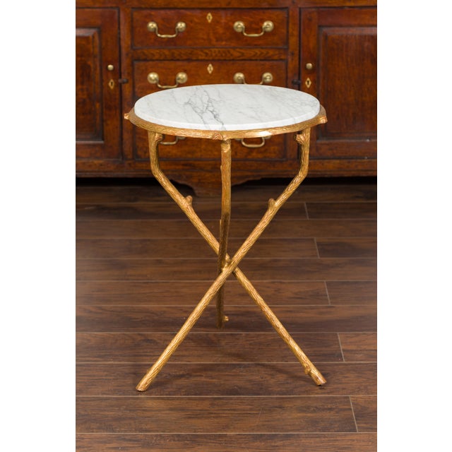 French Vintage Gilt Metal Side Table with Faux Bois Style Legs and Marble Top For Sale - Image 11 of 11
