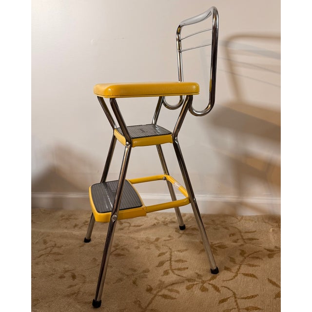 American Vintage Cosco Stylaire Yellow Chrome Step Stool Chair For Sale - Image 3 of 9