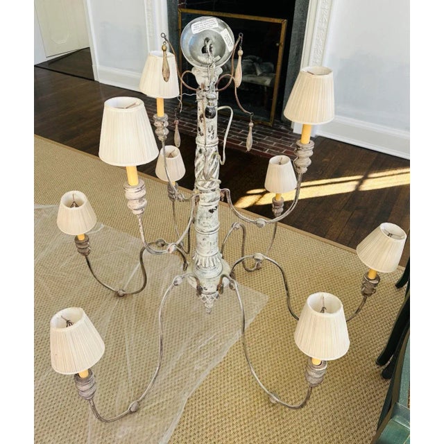 American Tiered Carved Wood Tassel Chandelier For Sale - Image 3 of 12