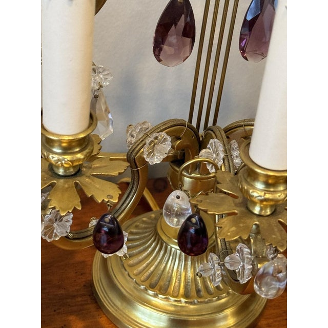 1920s Pair Antique Bronze French Amethyst Crystal Candelabra Lamp Girandoles Lyre Back For Sale - Image 5 of 8