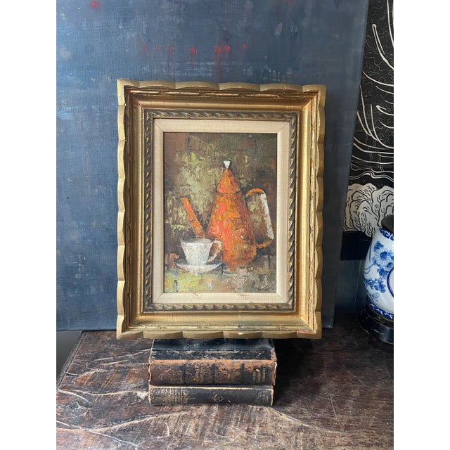 View of Mid 20th Century Abstract Textured Still Life Painting on Board, Framed ...