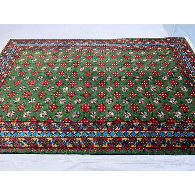 Green Turkmen Mori Gul Tribal Wool Area Rug, 6'7" X 10'3" For Sale - Image 4 of 16