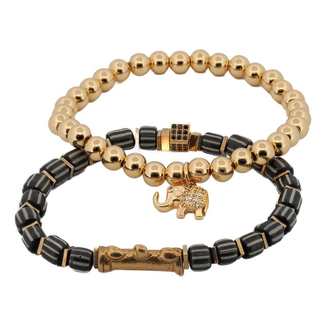 Lucky Gold Elephant & Ethnic Black Beaded Bracelet Set For Sale