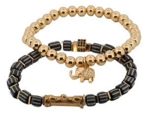 Lucky Gold Elephant & Ethnic Black Beaded Bracelet Set
