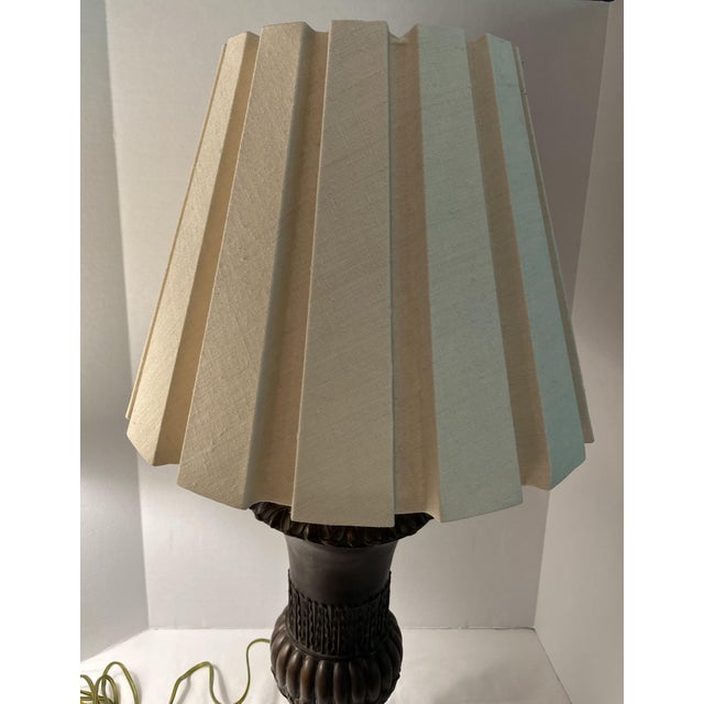 Mid 20th Century Bronze Urn Turned Vase Lamp With Wood Trim and Linen Shade For Sale - Image 9 of 10
