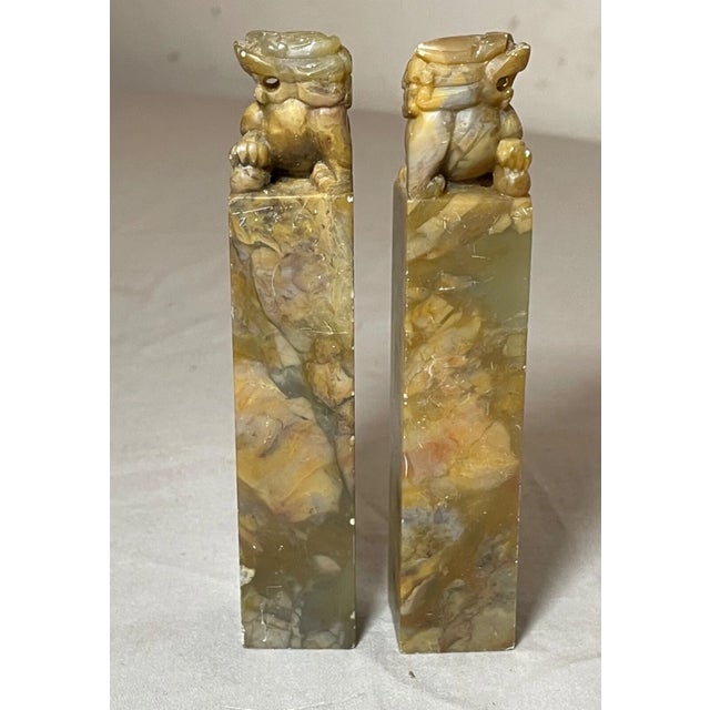 Stone Pair Antique Hand Carved Chinese Hard Stone Chop Seal Block Foo Lion Sculpture For Sale - Image 7 of 13