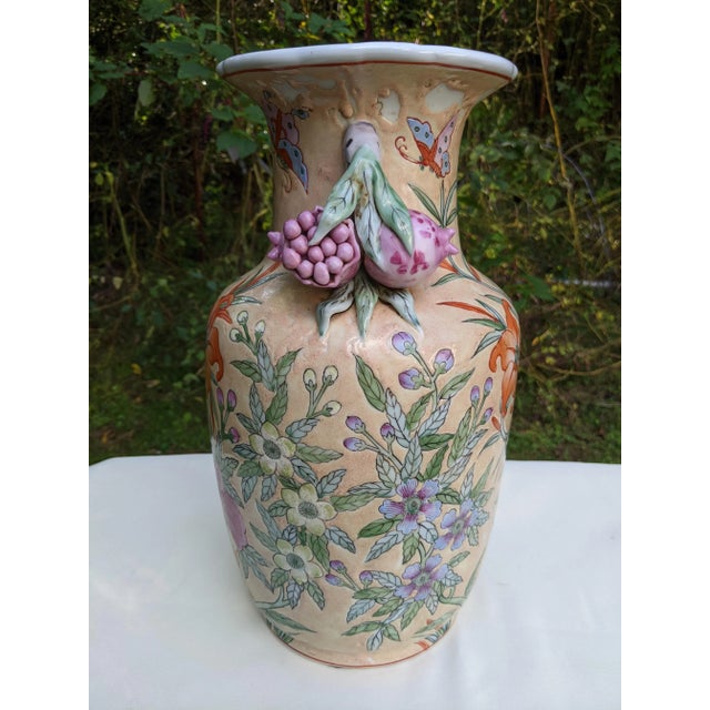 Vintage Chinese Ceramic Vase W/Butterflies, Flowers & Pomegranate Fruit Handles For Sale - Image 6 of 12