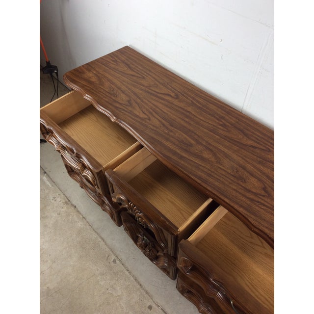 Mid Century French Provincial Style Lowboy Dresser With Ornate Drawer Faces For Sale - Image 15 of 18