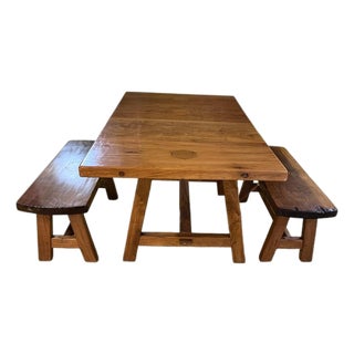 Vintage Hand Crafted Solid Wood Dining Table With Two Benches For Sale