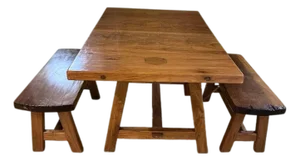 Vintage Hand Crafted Solid Wood Dining Table With Two Benches