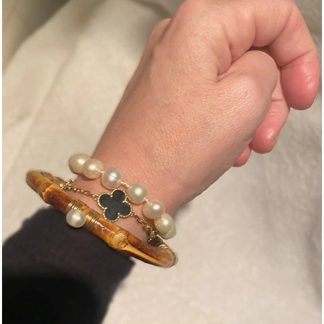 Contemporary Pearl and Bamboo Bangle Bracelet For Sale - Image 3 of 7