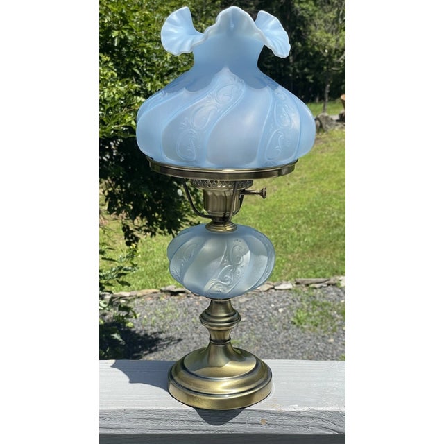Mid 20th Century Rare Vintage Ice Blue Satin Frost Fenton Paisley Glass Table Lamp 20th C. For Sale - Image 5 of 18