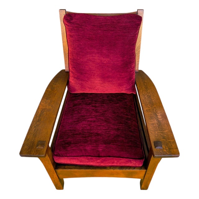 Stickley Mission Collection Oak & Velvet Bow Arm Lounge Chair (Model 89-2590) For Sale