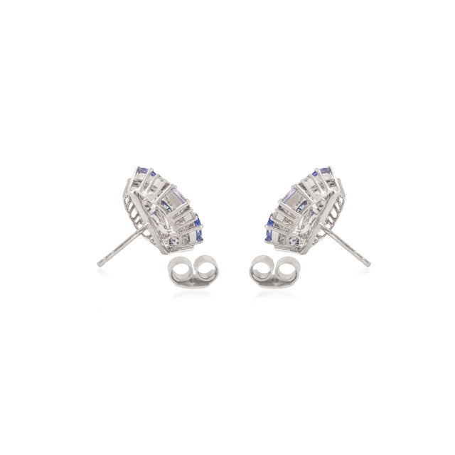 Metal Mid-Century Solid Silver Tanzanite & Diamond Swirl Cluster Stud Earrings- 2 Pieces For Sale - Image 7 of 10